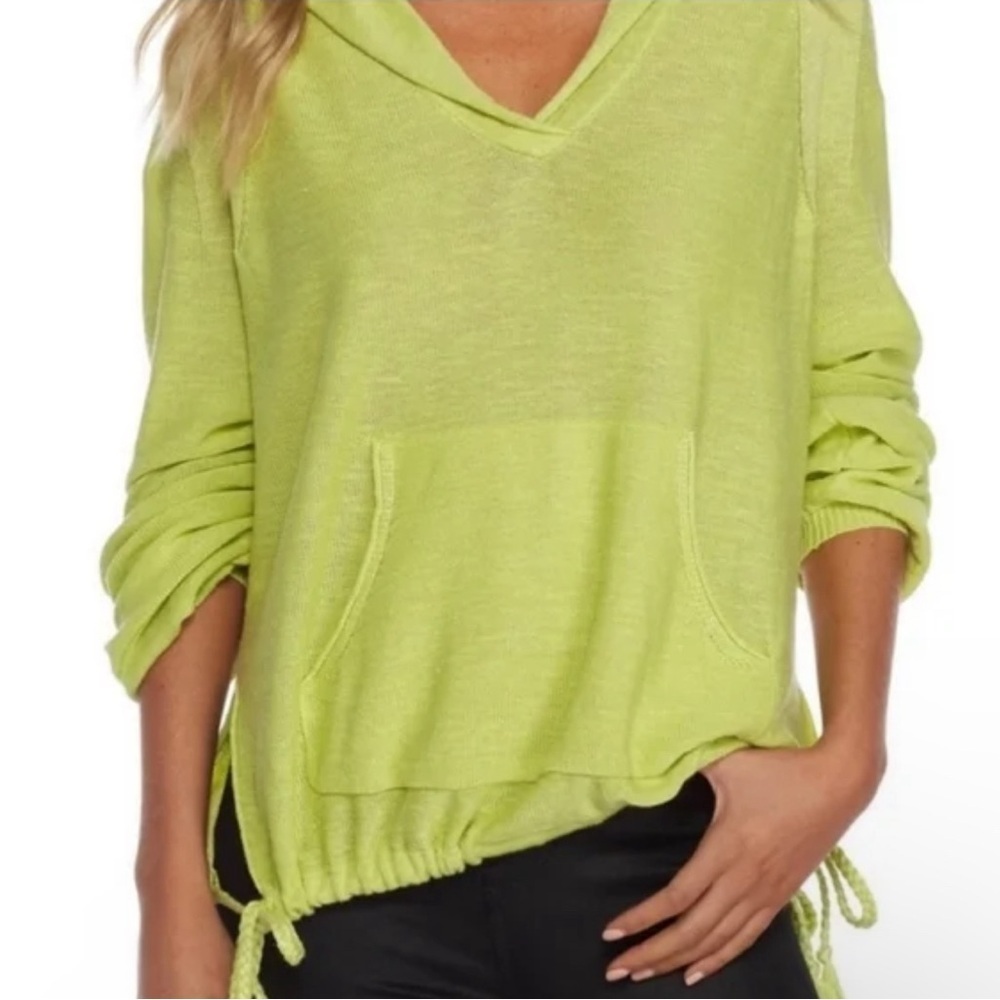 Free People Optimistic Hoodie Women Sz S Chartreuse Linen Knit Sweater Oversize